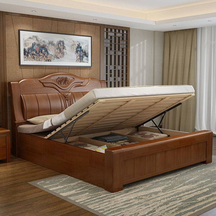 定制促现代中式全实木床18米双人床15米橡木主卧婚床气压高箱储物
