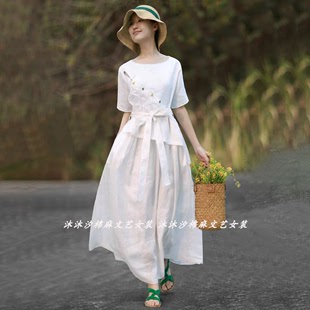 夏季棉麻民族风纯白连衣裙休闲文艺范女装复古宽松时尚长裙女