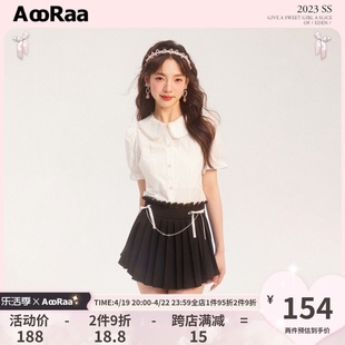 AooRaa原创设计 芭蕾风少女娃娃领泡泡袖双色花边衬衫珍珠短袖
