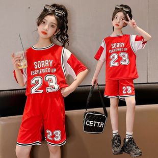 儿童篮球服假两件套装女童训练球衣中国男童小孩短袖球衣运动套装