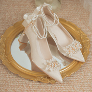法式主婚鞋新娘粗跟高跟鞋日常可穿白色，绸缎主婚纱舒适孕妇不累脚