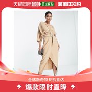 香港直邮潮奢 ASOS 女士设计混合布织束带裹式裙摆驼色中长连衣裙