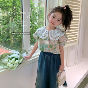 蓝小爸女童衬衫，2023夏季儿童韩版洋气娃娃，衫宝宝蕾丝花边上衣