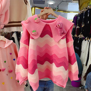 粉色娃娃领立体玩偶毛衣长袖，女韩版2024套头，设计感条纹减龄针织衫