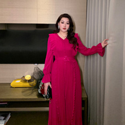 glec高端胖mm大码女装轻奢时尚优雅玫瑰红，百褶长袖气质超仙连衣裙