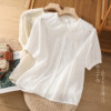 2023夏季娃娃领镂空刺绣白色，衬衫女短袖衬衣，宽松减龄遮肚上衣