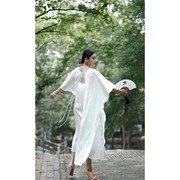 安如-禅花新中式国风女装白色气质宽松蝙蝠袖长款连衣裙女