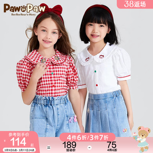 PawinPaw卡通小熊童装夏季女童衬衫格子复古泡泡袖上衣