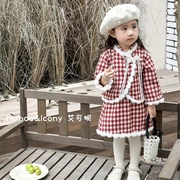 冬款红色儿童拜年服小童国风小香女童两件套加绒宝宝外套包裙套装