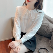 韩版长袖娃娃领衬衫，女别致漂亮开衫，雪纺上衣春季洋气白色小衫