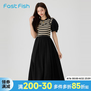 快鱼条纹拼接连衣裙女2024年夏季小众高级感修身显瘦气质长裙