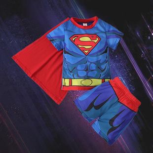 美国队长服装儿童超人，衣服男孩蜘蛛侠童装春夏季透气短袖短裤套装