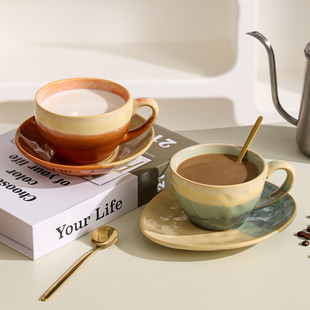 日式复古陶瓷拉花咖啡杯300ml带托盘一整套下午茶咖啡杯碟套装