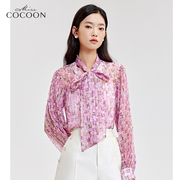 missCOCOON法式印花衬衫春款浪漫温柔字母图案飘带领上衣