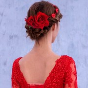 网红高档大红玫瑰花朵绿叶发梳盘发配饰发叉发饰新娘结婚饰品发型