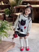 韩国童装2024春款韩版可爱猫咪针织马甲宫廷风衬衣百搭半身裙