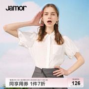 Jamor夏季简约纯色衬衫短袖甜美学院百搭日常泡泡袖上衣