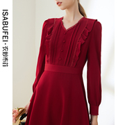 衣纱布菲红珠甜美红色，雪纺连衣裙秋装，女2023年蝴蝶结v领短裙