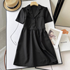 连衣裙 女装夏季通勤气质高级感西装领收腰泡泡袖 小黑裙0.38