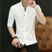 中国风t恤男白色男士短袖棉麻衣服夏季中袖亚麻衬衫套装帅气一套