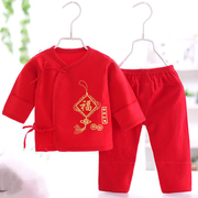 0一3月满月婴儿和尚服套装纯棉新生夏天红色夏装分体衣服春秋宝宝