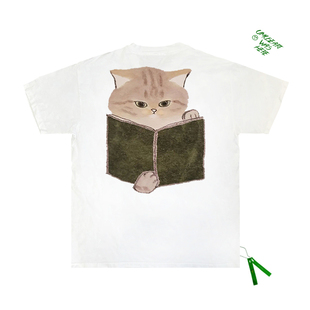 猫咪阅读可爱ins创意插画，小众男女情侣装，半袖设计感夏季短袖t恤