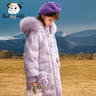 女童紫色羽绒服，中长款2023冬装毛领洋气儿童，加厚连帽女孩外套
