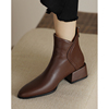 Kmeizu法式简约棕色短靴女秋单靴方头粗跟真皮骑士通勤及踝瘦瘦靴