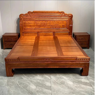 中式红木床1.8米金花梨木双人主卧婚大床全实木菠萝格仿古雕花床