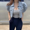 韩国chic春夏法式复古牛仔短外套，女设计感街头泡泡袖短款牛仔衬衫