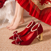 红色结婚鞋秀禾服两穿高跟，鞋子新娘鞋孕妇，粗跟中式礼服鞋出嫁