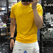 黄色短袖t恤男夏2023丝光棉，圆领半袖男装，纯色大码体恤简单款t