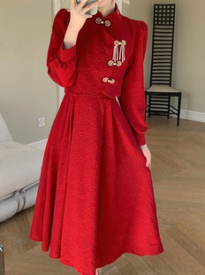 新中式旗袍红色敬酒服套装裙子秋冬大码新娘，订婚回门连衣裙平时穿