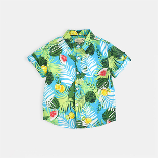 mimy2023夏款短袖男童花衬衫，薄款炸街海边沙滩度假印花衬衣潮
