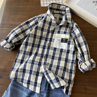 简洁有品欧美范110-160中大童男童纯棉，格子衬衫翻领长袖衬衣