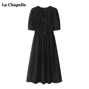 拉夏贝尔/La Chapelle夏季复古V领收腰连衣裙女中长款小黑裙