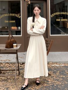 韩版法式高级感气质小香风白色短外套高腰百褶半身长裙两件套装女