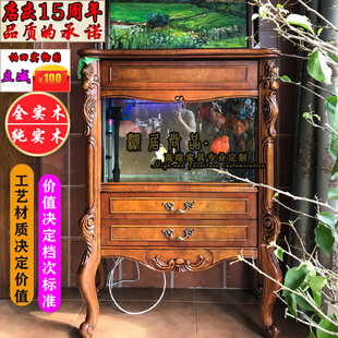 美式实木鱼缸水族箱家用高端复古欧式雕花客厅，落地生态鱼缸柜定制
