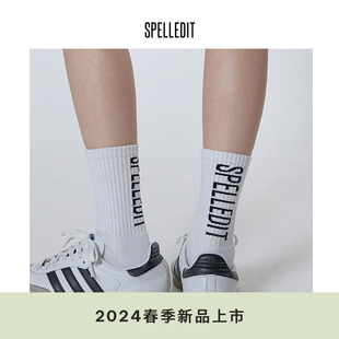 SPELLEDIT2024春季大Logo袜子黑白休闲中筒简约刺绣韩版