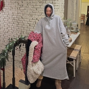 韩国2023冬季女士，加绒棉灰色休闲连衣裙，慵懒风过膝长裙卫衣裙