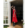 左佳琪 荷叶边波点连衣裙女2024夏季韩版气质显瘦红色长裙女