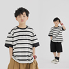 mt原创童装日系男童短袖，t恤黑白条纹，拼接儿童上衣洋气时髦中大童