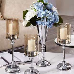 家用样板房创意银色北欧西餐桌，烛台摆件现代烛光晚餐浪漫道具摆台