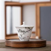 羊脂玉瓷手绘二才盖碗白瓷茶具，仿古造型盖碗天圆地方手绘二才盖碗