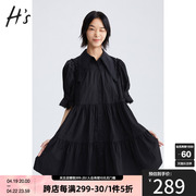 hs奥莱2023秋季衬衫式连衣裙，女装黑色层次感，复古少女感裙子