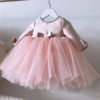 周岁礼服粉色蕾丝公主裙长袖小宝宝生日钢琴蝴蝶结蓬蓬纱儿童礼服
