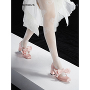SHOESZOOO 2023秋季新娘婚鞋粉色高跟鞋不累脚蝴蝶结粗跟单鞋