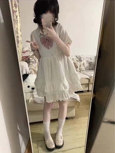 白色短袖衬衫小个子连衣裙2024夏季甜美蝴蝶结拼接花边蓬蓬裙