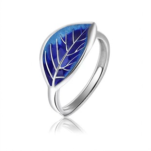 景泰蓝S925银戒指锆石树枝树叶珐琅花朵花蕾烧蓝开口指环情侣