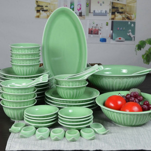 龙泉青瓷56头家用碗筷碗盘，中式陶瓷盘子碗，碗碟餐具饭碗套装套碗